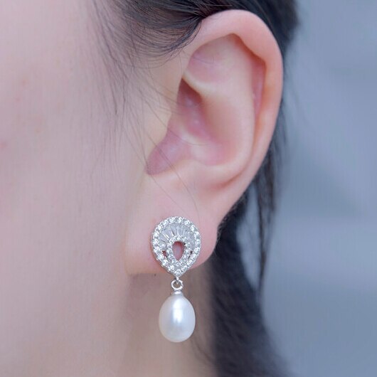 Pearl Earrings Natural Freshwater Pearl Drop Shape Zircon Big Earring