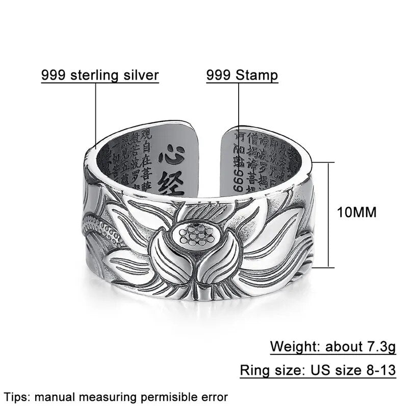 Real 999 Pure Silver Jewelry Lotus Flower Open Ring For Men