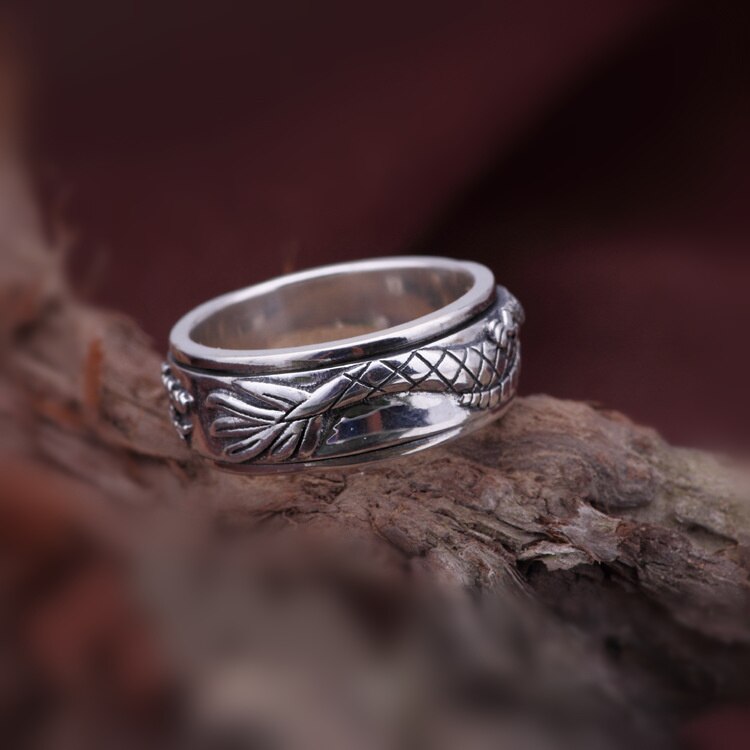 Carved Chinese Dragon Sterling Silver 925 Ring Bands For Men