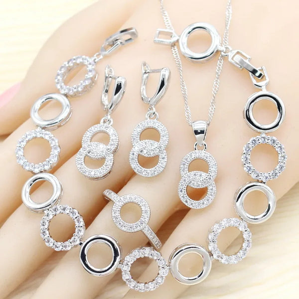 Round Bridal  White Zircon Necklace Pendant Earrings Ring Bracelet Jewelry Sets