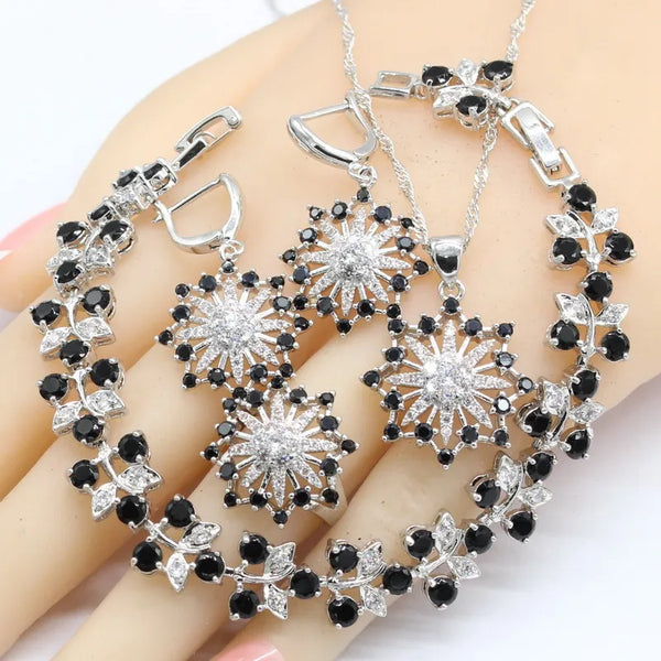 Flower Shape Black White Zircon Silver Color Wedding Jewelry Sets For Women