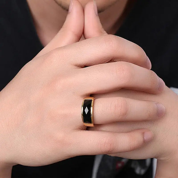 Men's Black Carnelian Stone Rings Stainless Steel Wedding Engagement Band for Men