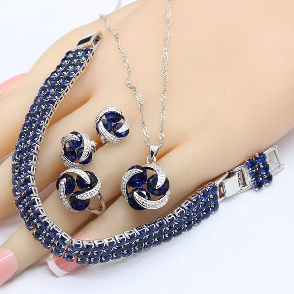 Round Dark Blue Crystal Bracelet Stud Earrings Necklace Pendant Rings Free Gift Box