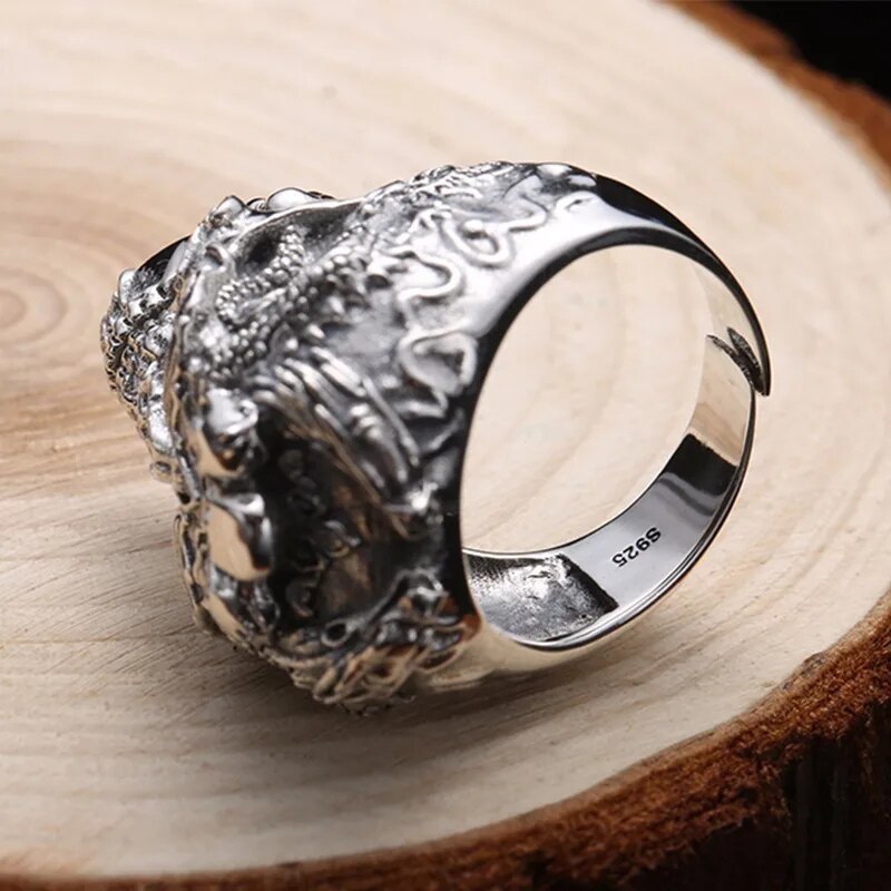 Real 925 Sterling Silver Skull Ring Men Adjustable Dragon Ring