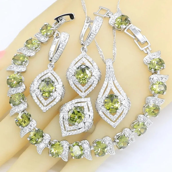 Olive Green Zircon Wedding Bracelet Earrings Necklace Pendant Rings Free Gift