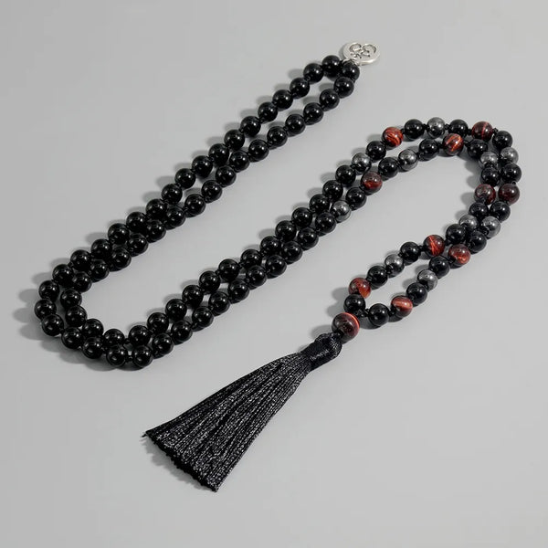 Collar largo anudado a mano con mala 108 de 8 mm para hombre, con ónix negro y ojo de tigre rojo, piedra de tratamiento, rosario
