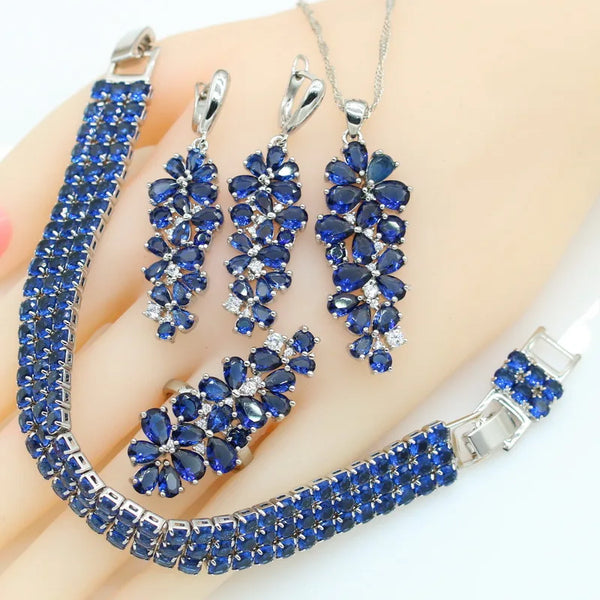 Blue White Stones Jewelry Sets for Women Bracelet Earrings Necklace Pendant Ring Gift