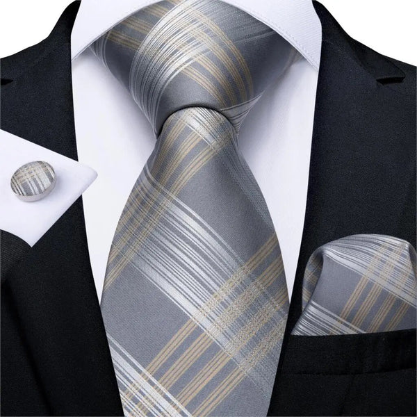 Corbata de hombre dorada y plateada a rayas para boda, pañuelo, gemelos, corbata de seda para hombre.