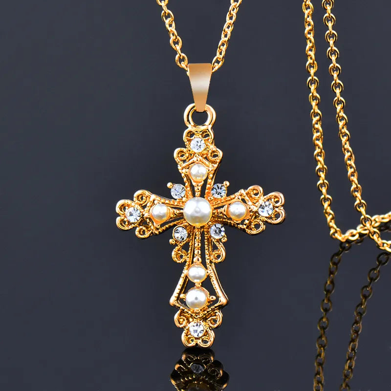 Vintage Baroque Simulated Pearl Hollow Cross Stainless steel Pendant Necklace Gold Color Chain