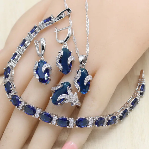 Oval Royal Blue Semi-precious Women Silver Color Jewelry Sets