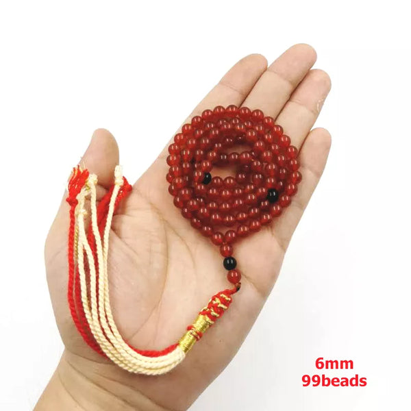 Pulsera musulmana Tasbih de ágata roja natural, 99 cuentas de 6 mm con borlas de algodón y cuentas de oración de bolsillo.
