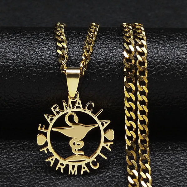Medalla con símbolo ocupacional de farmacia, collares de acero inoxidable, colgantes con letreros de color dorado