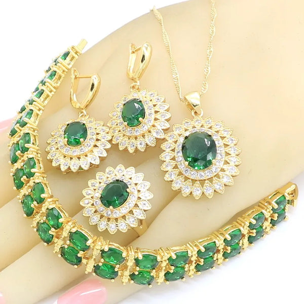 Green Semi-precious Gold Color Jewelry Sets For Women