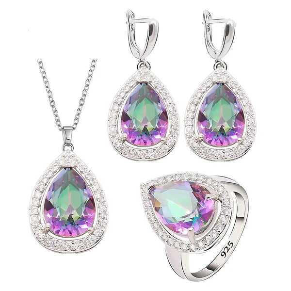 Multicolor Rainbow Semi-precious Silver Color Jewelry Sets for Women