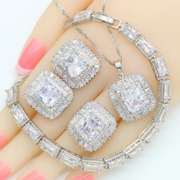 Geometric White Zirconia Silver 925 Wedding Jewelry Sets For Women