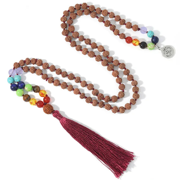 Collar Mala de 108 cuentas de Rudraksha originales anudadas para meditación de los 7 chakras