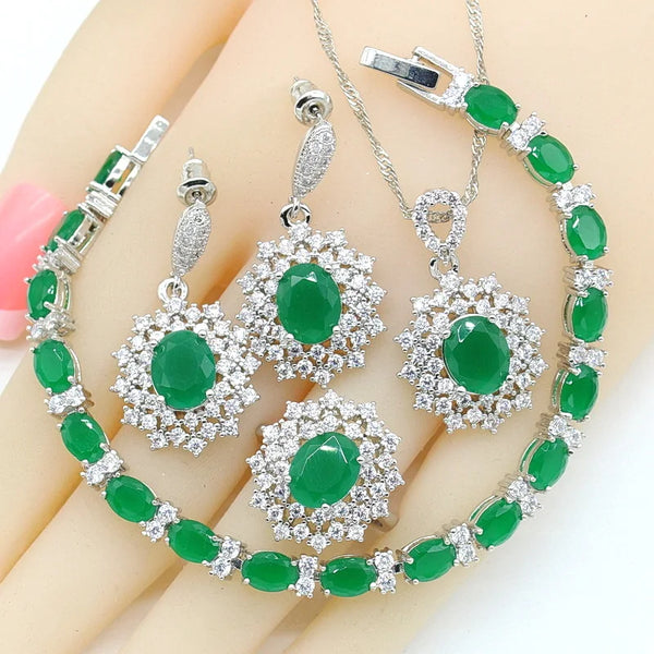 Green Stones Silver Color  Bridal Jewelry Sets For Women