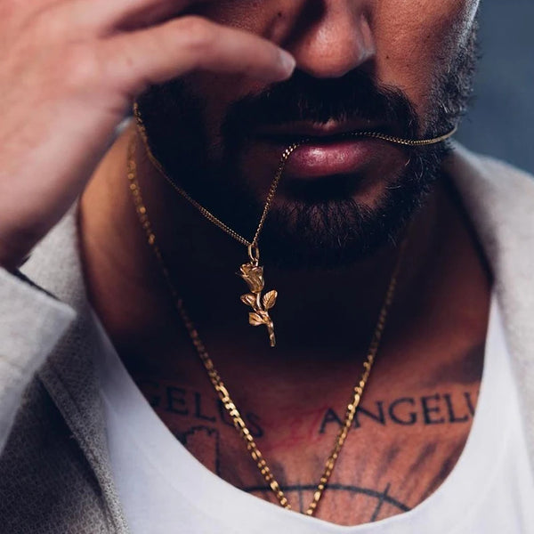 Rose Flower Pendant Necklace, Stainless Steel Men Necklace