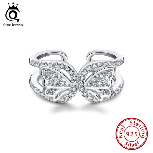 Anillo abierto de mariposa con circonita cúbica deslumbrante en plata de ley 925 para mujer