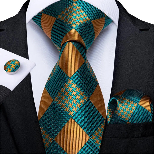 Fashion Men Tie Teal Green Gold Plaid Silk Wedding Tie For Men Hanky Cufflink Tie Set