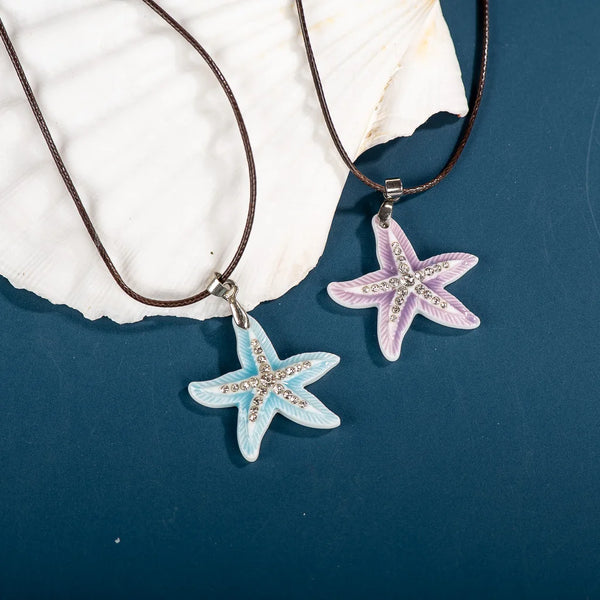 Colorful Ceramic Starfish Pendant  With Rhinestone Cute Gift Necklace For Women