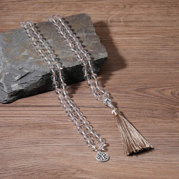 Collar anudado de japamala de moda, 108 cuentas de cristal blanco para meditación