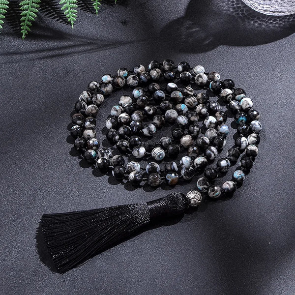 Collar anudado con cuentas de japamala de ónix negro de fuego de 8 mm, 108 cuentas, para meditación, yoga, bendición espiritual