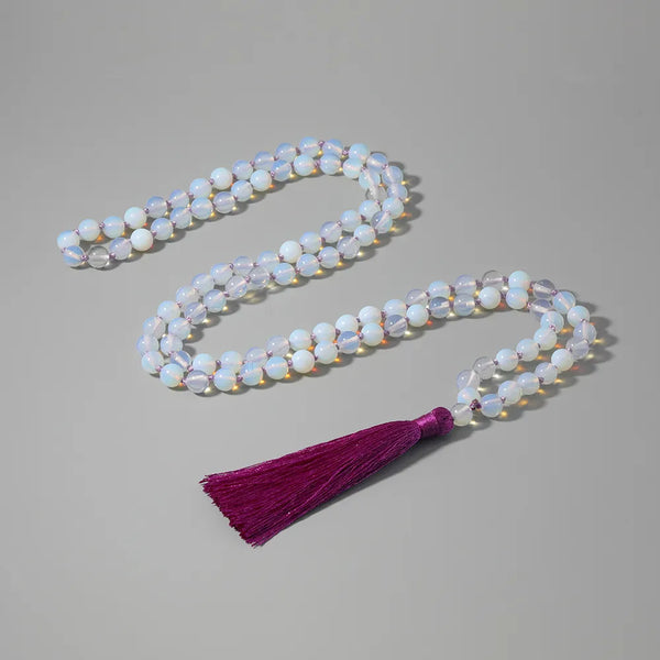 Collar Japa Mala de 108 cuentas de ópalo anudado a mano para meditación