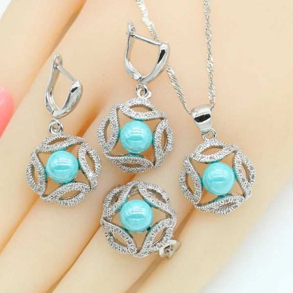 Blue Freshwater Pearl White Zirconia Silver Color Jewelry Sets for Women