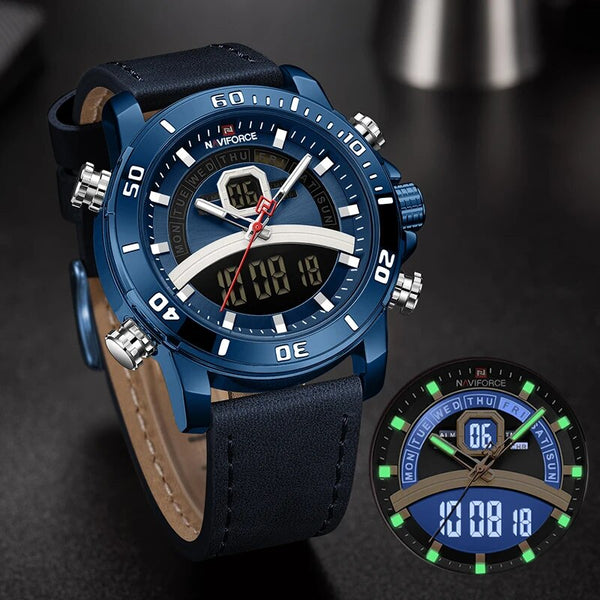 Relojes casuales de moda para hombre, luminosos, digitales, con visualización de día y fecha, alarma, de cuero, resistente al agua.