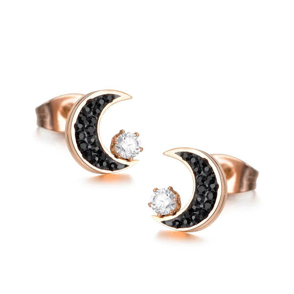 Pendientes clásicos de luna con diamantes de imitación de acero y titanio