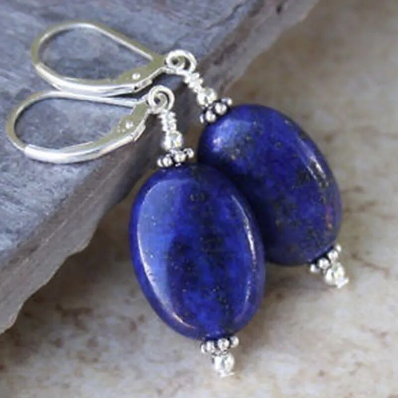 Handmade  Natural Blue Lapis Lazuli Gemstone Leverback Dangle Earring