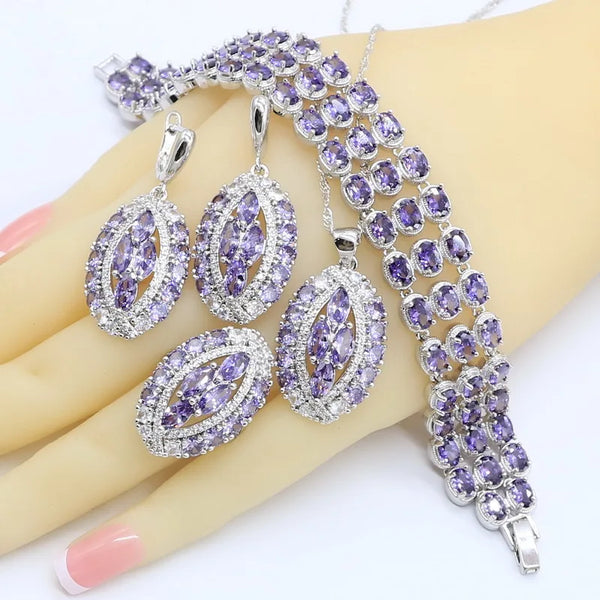 Geometric Purple  Zircon Silver Color Jewelry Sets for Women