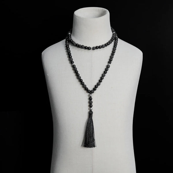 Collar de 108 cuentas Mala de piedra volcánica de ónix negro para meditación