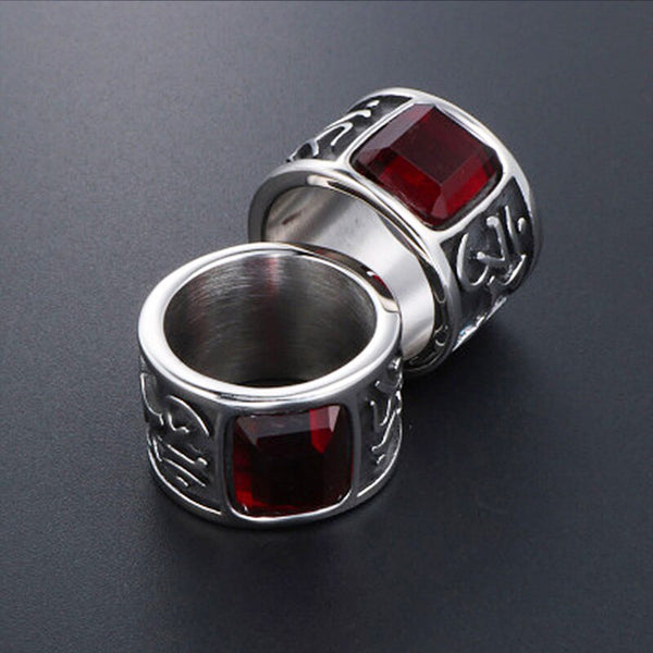 Anillo vintage de acero inoxidable 316L con seis palabras y piedra roja para hombre.