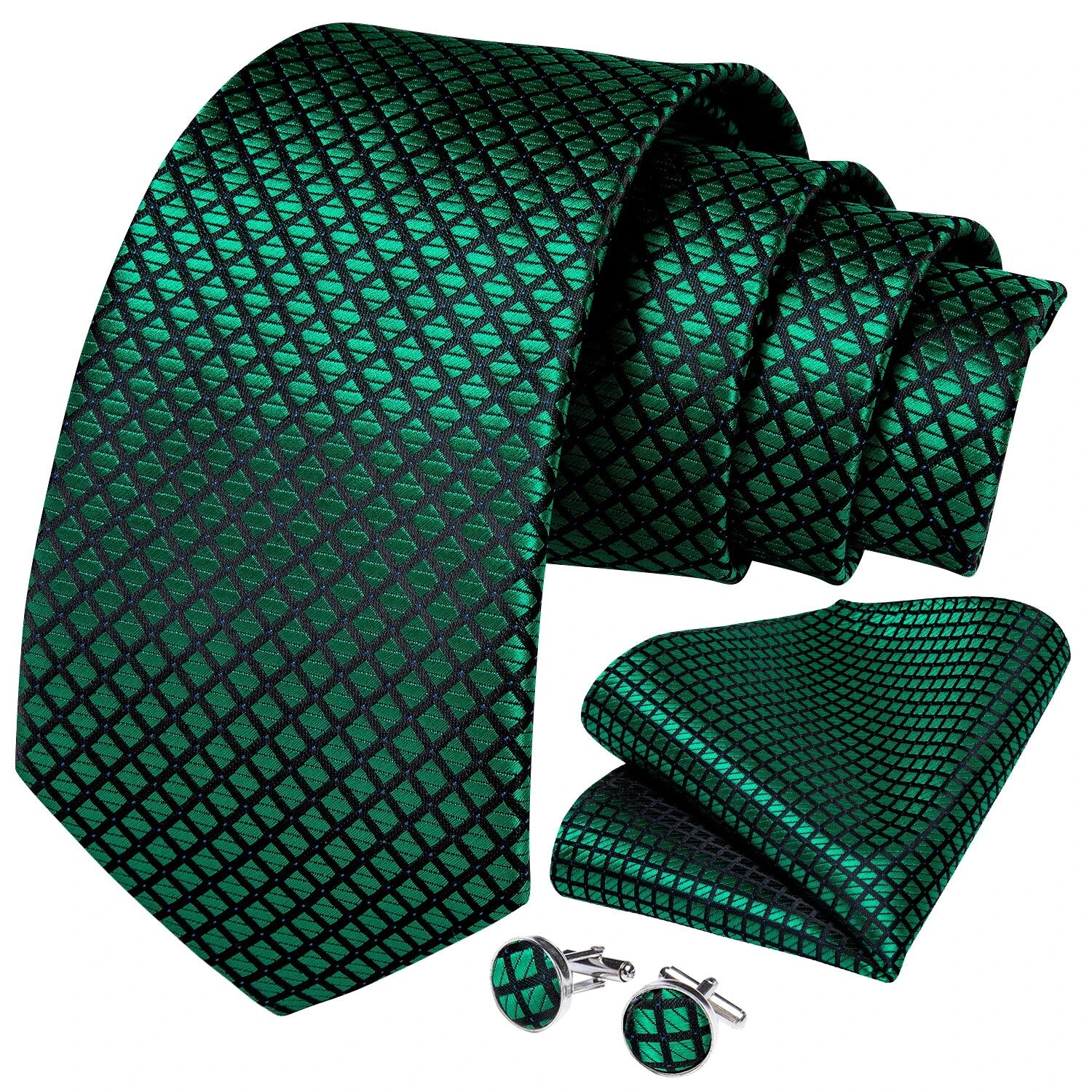 Men Tie Teal Green Check Gold Striped Silk Necktie Pocket Square Set