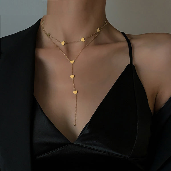 316L Stainless Steel Love Heart Tassel Long Necklace 2 Layers Beautiful Clavicle Chain