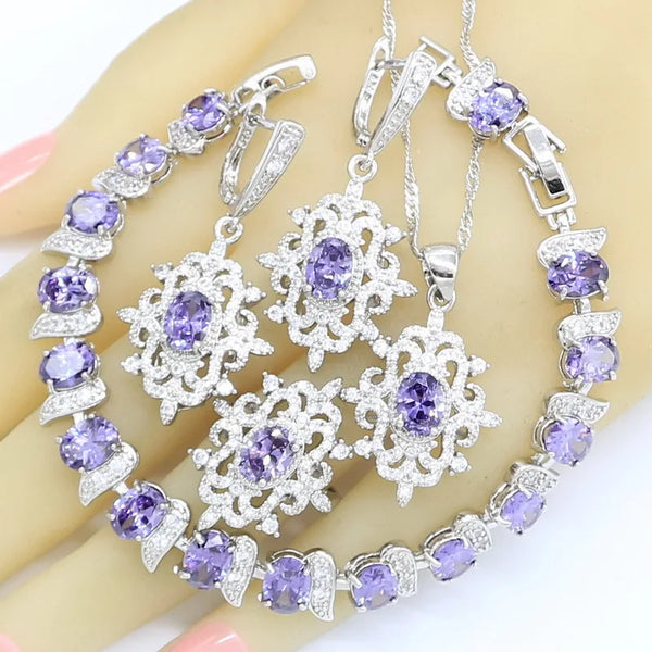 Purple Zircon Necklace Pendant Earrings Ring Bracelet Birthday Gift