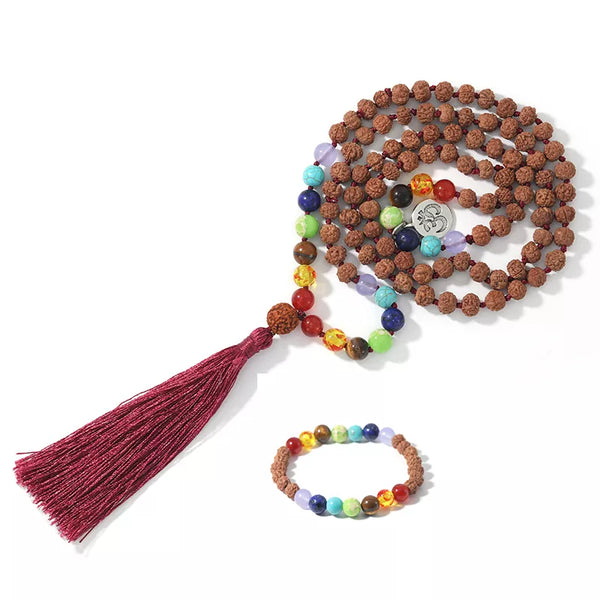 Collar largo anudado a mano con 108 cuentas de Rudraksha y siete chakras para hombres y mujeres