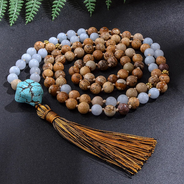 Conjunto de collar y pulsera de japamala anudada con cuentas de jaspe de 8 mm para meditación
