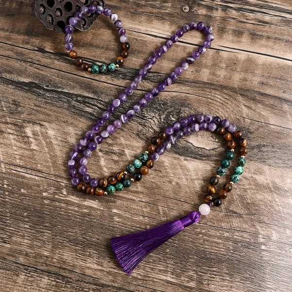 Conjunto de collar y pulsera de turquesa africana, ojo de tigre amarillo y amatista natural de 8 mm