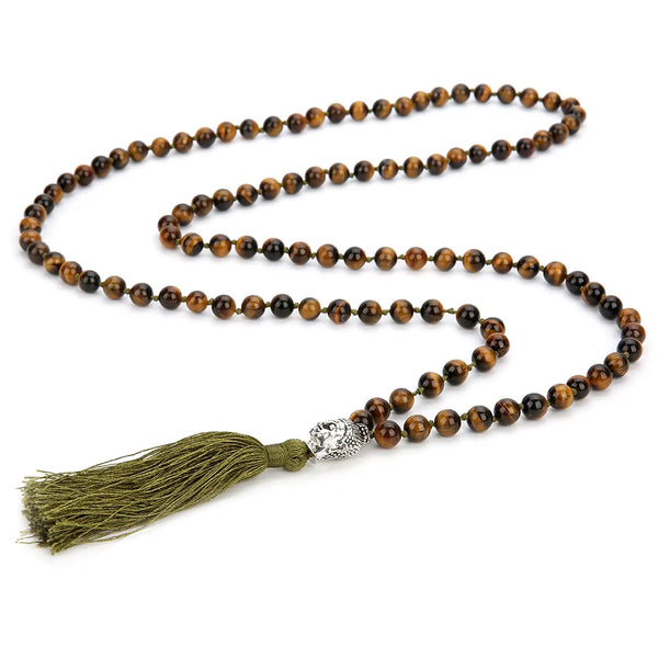 Collar Japa Mala de meditación con cuentas de rodolita de ojo de tigre amarillo de 8 mm anudadas