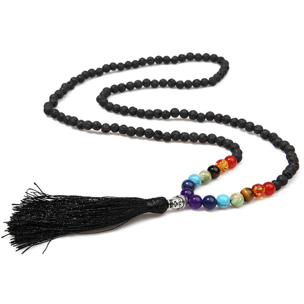 Colgante con borla de cabeza de Buda de piedra volcánica natural de 6 mm y cuentas de chakra de 8 mm para reuniones, aniversarios y oraciones.
