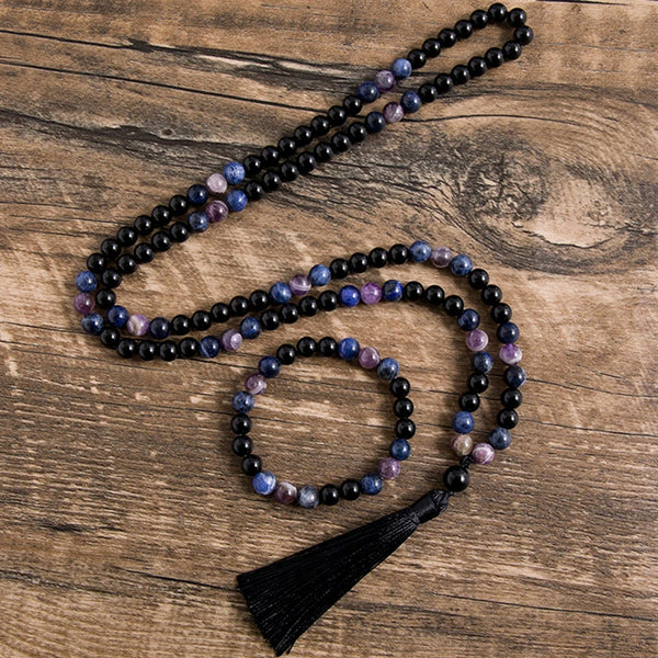 Collar de cuentas de ónix negro natural, amatista, sodalita azul y meditación de 8 mm.