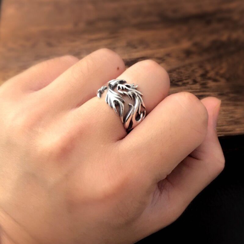 Real Silver Personalized Hollow Dragon Open Ring Men Women