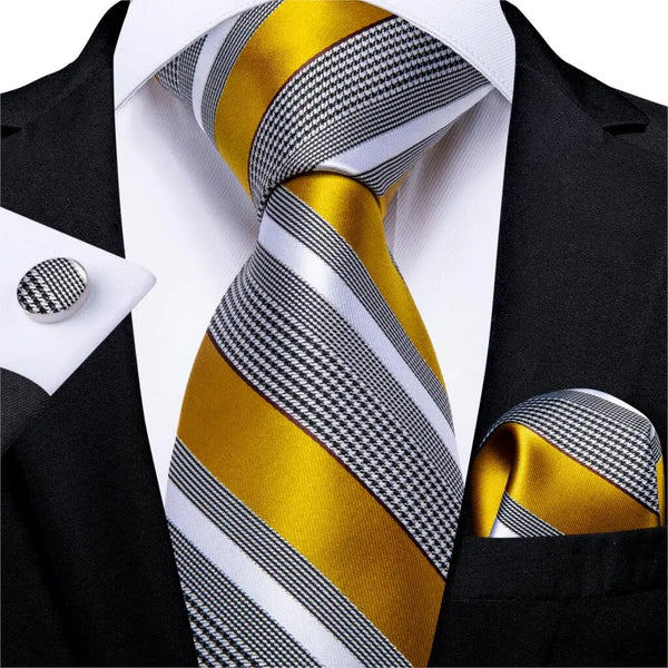 Corbata de boda para hombre, diseño de moda a rayas blancas y amarillas.