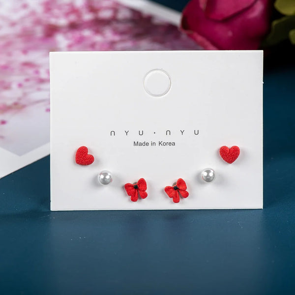 3pairs Fashion Cartoon Pearl Heart Butterfly Ceramic Gift Earrings