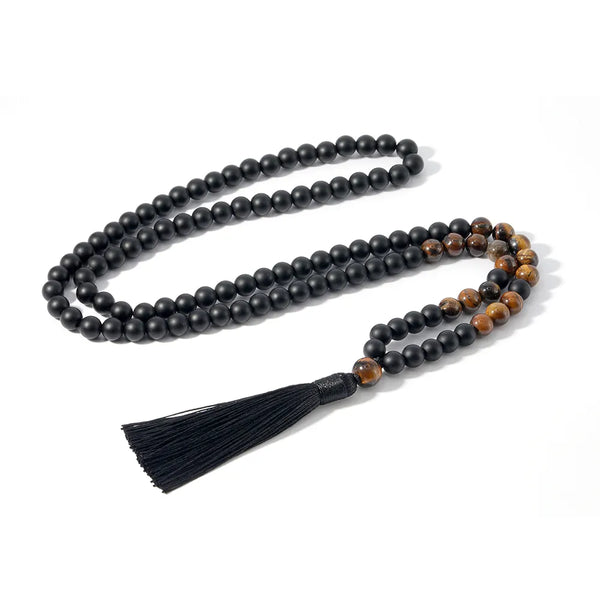Ojo de tigre amarillo de 8 mm, ónix negro mate, conjuntos de japamala, joyería de yoga espiritual