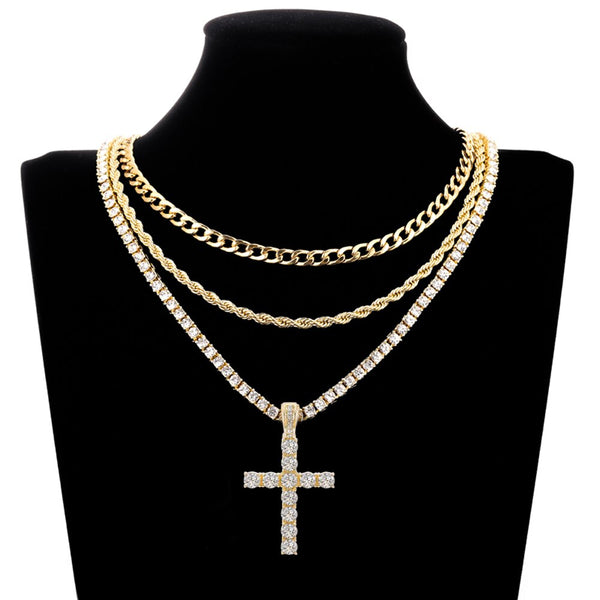 Men Women Hip Hop Cross Pendant Necklace with 4mm Zircon Tennis Chain
