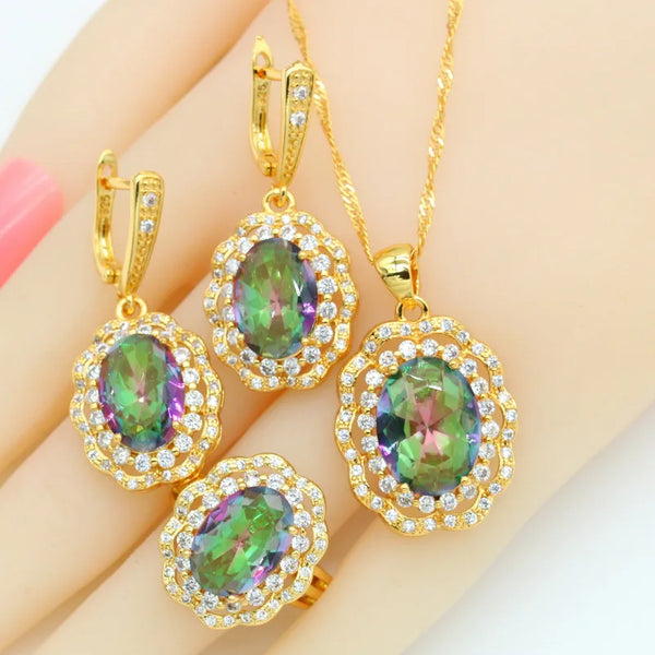 Rainbow Green Semi-precious Earrings Necklace Pendant Rings Gift Box
